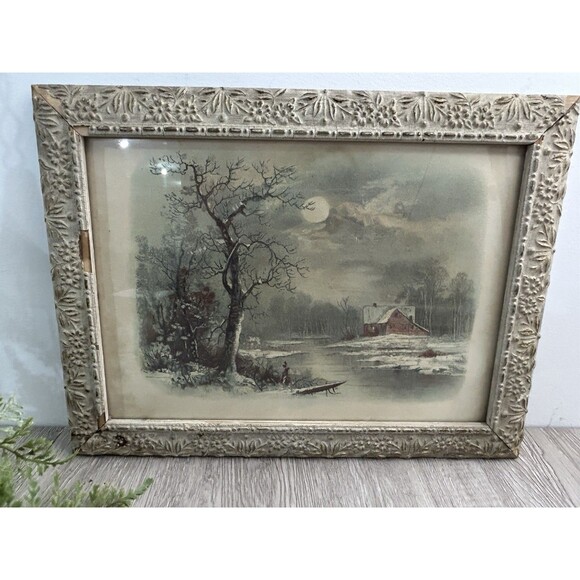 Antique Vintage 1894 J.Hoover Chromolithograph Print Red Barn River Winter Snow - Picture 13 of 16